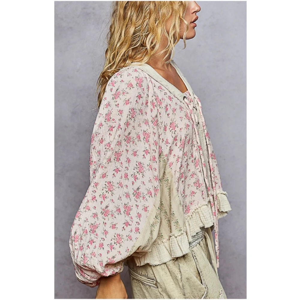 POL floral Print Cotton lace up Balloon Sleeve Blouse - Picture 4 of 7